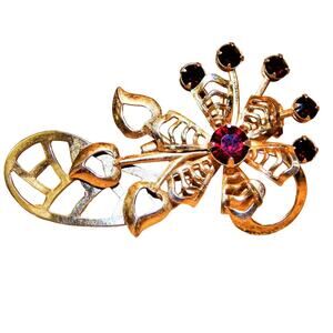 Vintage Red Stone Flower Spray w/ Hearts Brooch